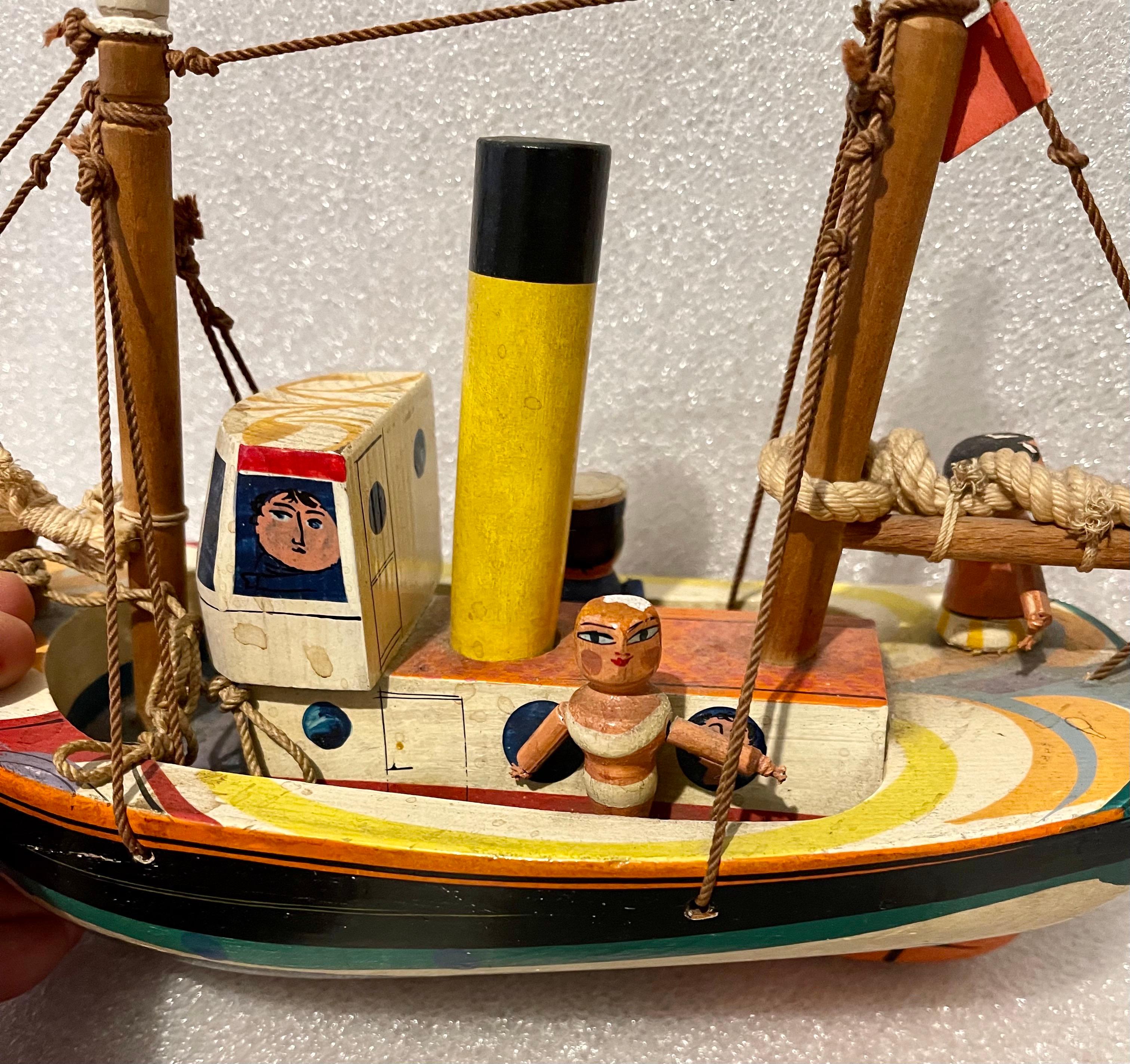 British Folk Art Whimsical Enamel Painted Carved Wood Model Ship Toy Sculpture 4