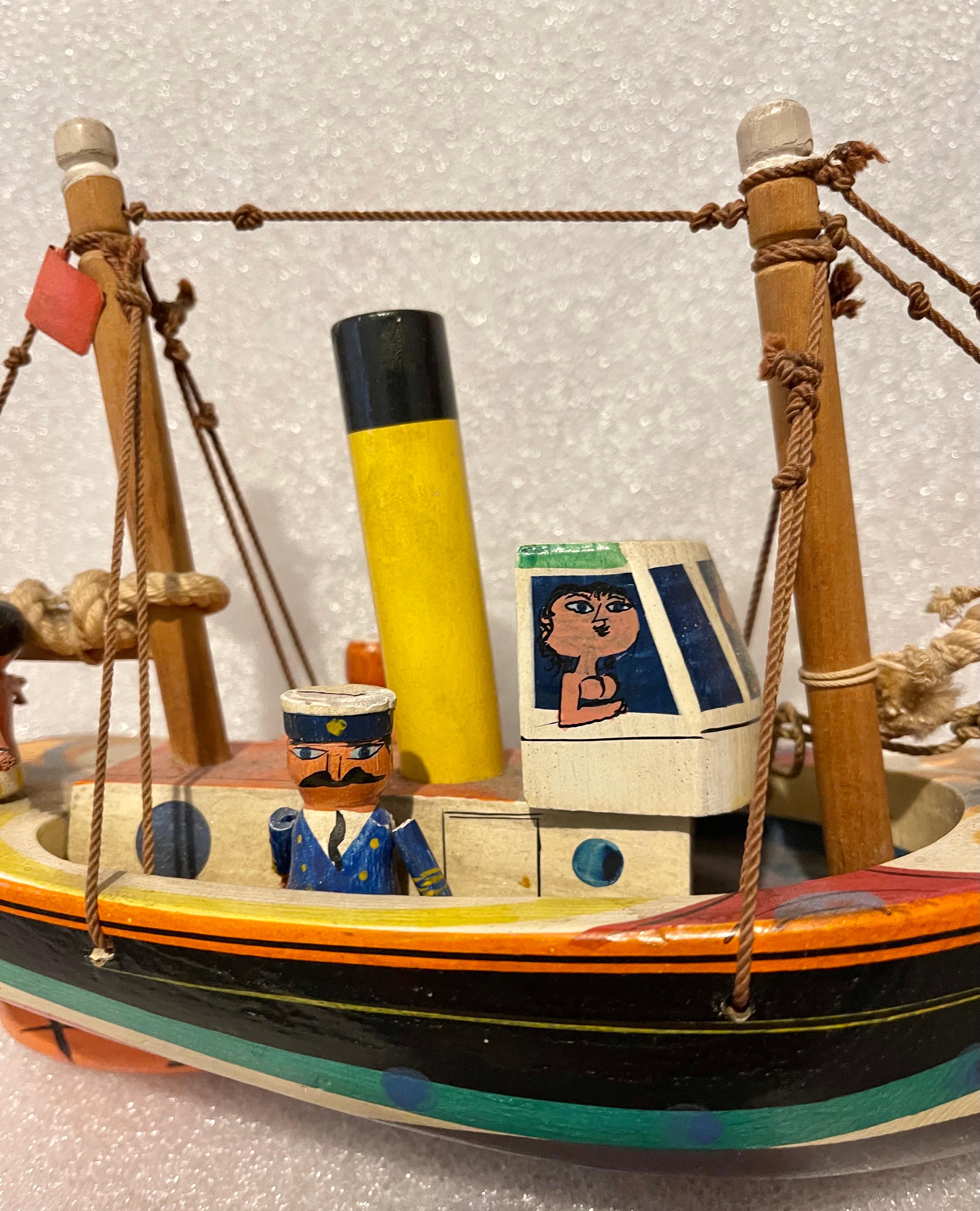 British Folk Art Whimsical Enamel Painted Carved Wood Model Ship Toy Sculpture 6
