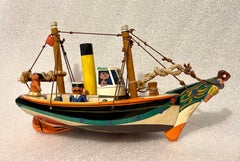 British Folk Art Whimsical Enamel Painted Carved Wood Model Ship Toy Sculpture