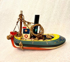 British Folk Art Whimsical Enamel Painted Carved Wood Model Ship Toy Sculpture