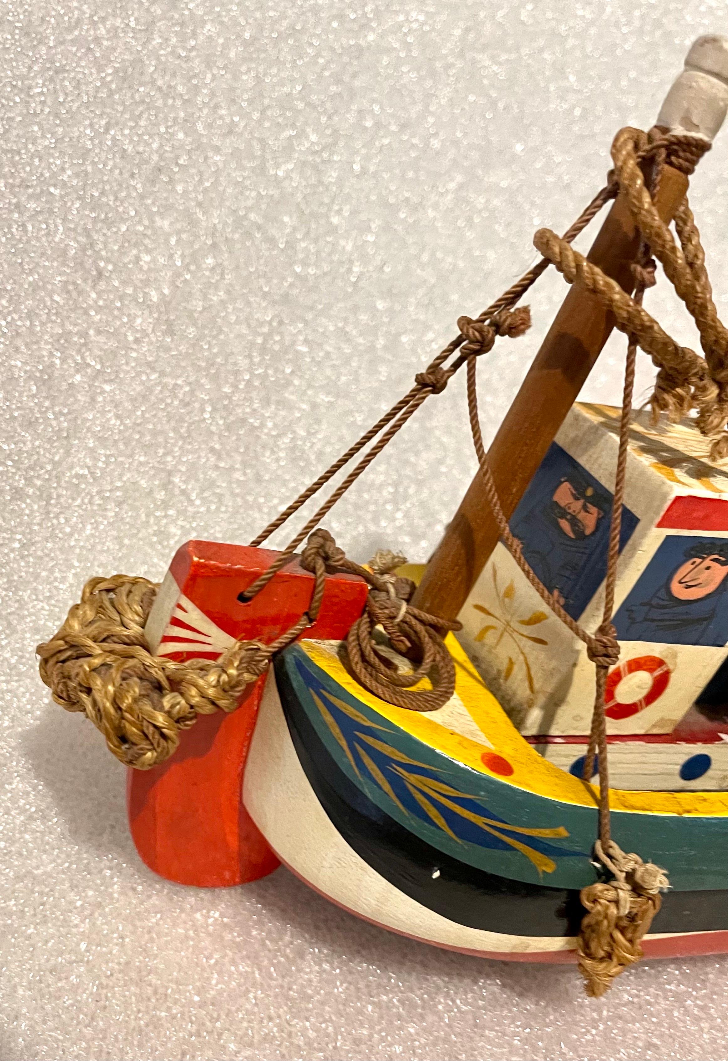British Folk Art Whimsical Enamel Painted Carved Wood Model Ship Toy Sculpture 3