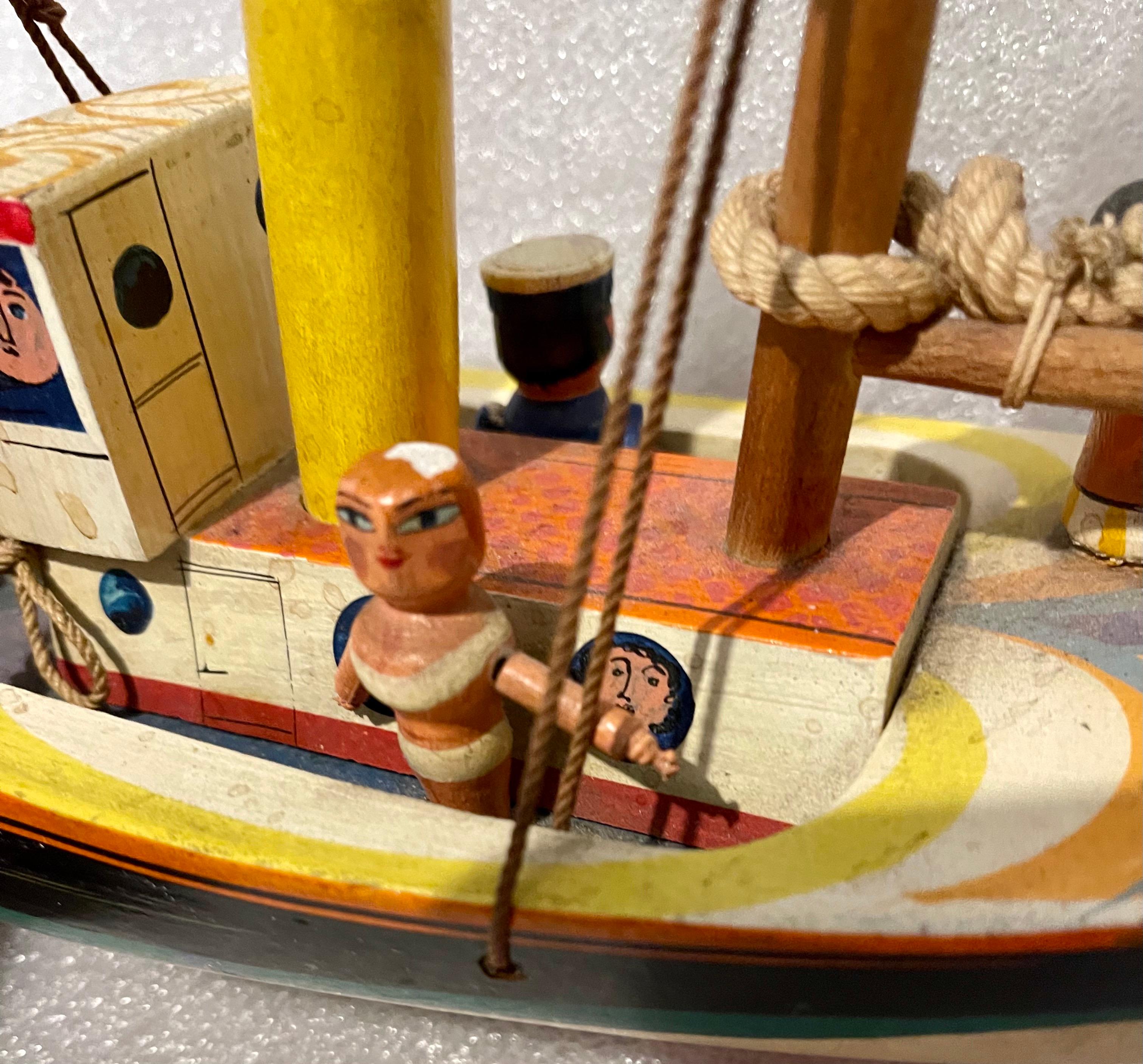 British Folk Art Whimsical Enamel Painted Carved Wood Model Ship Toy Sculpture 3