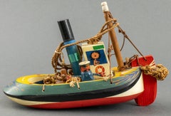 Vintage British Folk Art Whimsical Enamel Painted Carved Wood Model Ship Toy Sculpture
