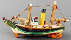 Art populaire britannique fantaisiste - Sculpture de jouet de bateau en bois sculpté et peint en émail - Modèle