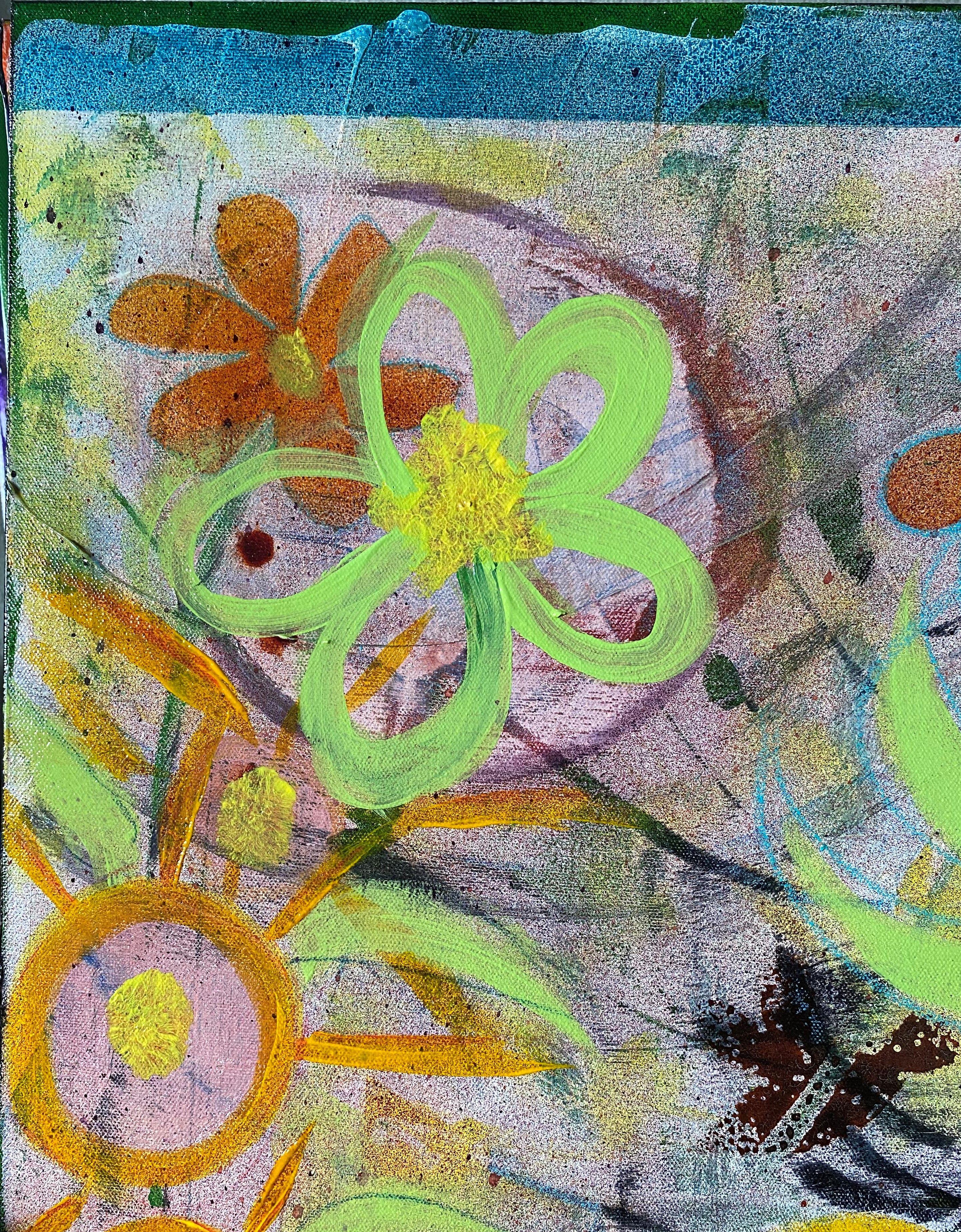 Late spring inspired this work of flowers & bees. I hope the viewer can feel what it might be like in this flower garden. This is my vision of an abstract perception of a garden of flowers. :: Painting :: Contemporary :: This piece comes with an