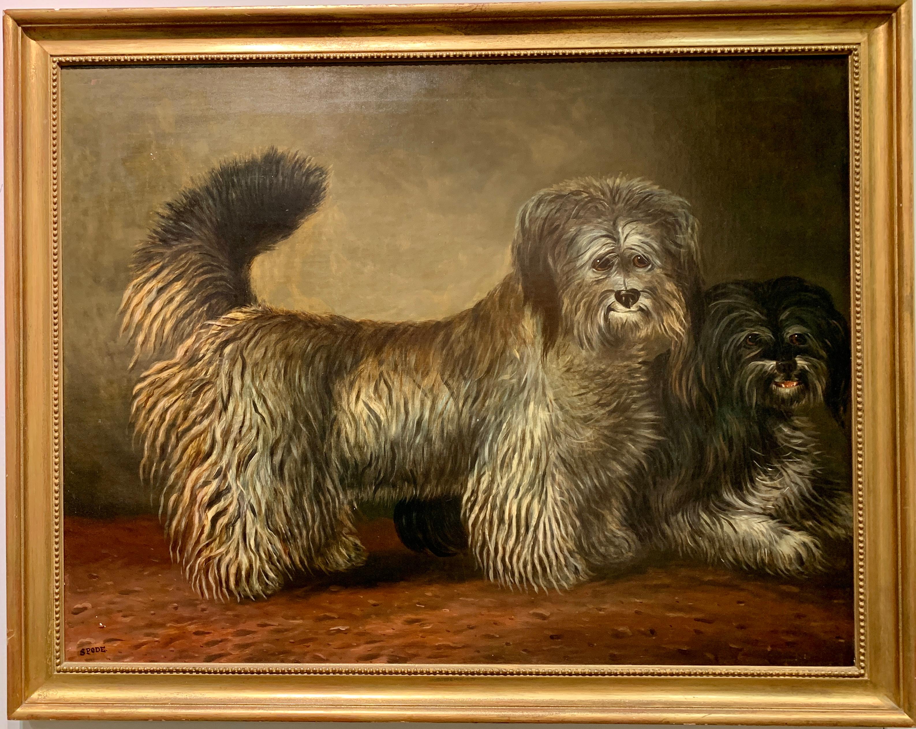 19th century Irish or English Antique portrait of two dogs, waterdogs - Painting by Sam Spode