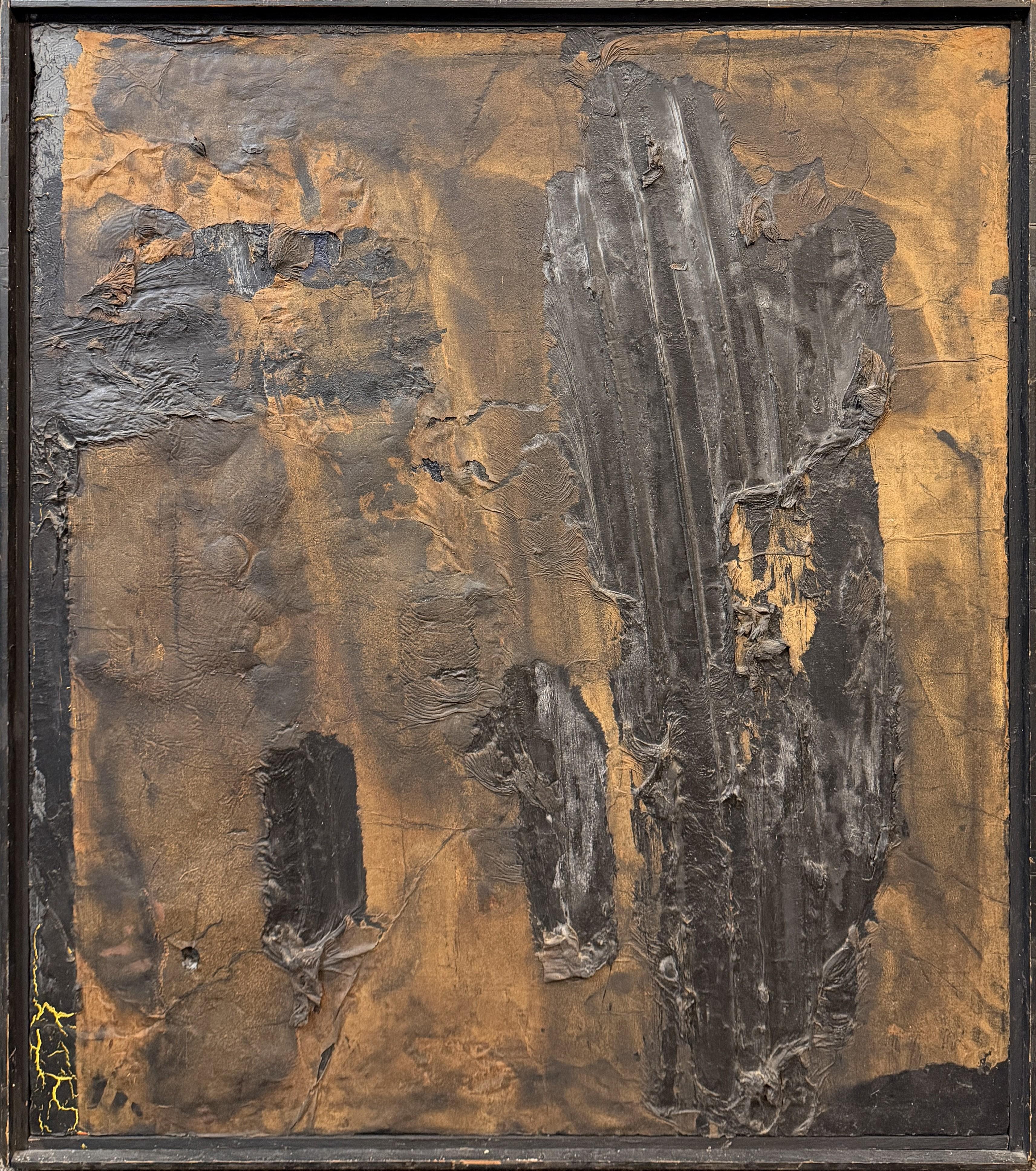 A fine abstract expressionist oil and paper painting by American artist Sam Tchakalian (1929-2004). Sam was born in Shanghai, China,  and lived in China during the first 17 years of his life. After World War II and much civil and political unrest in