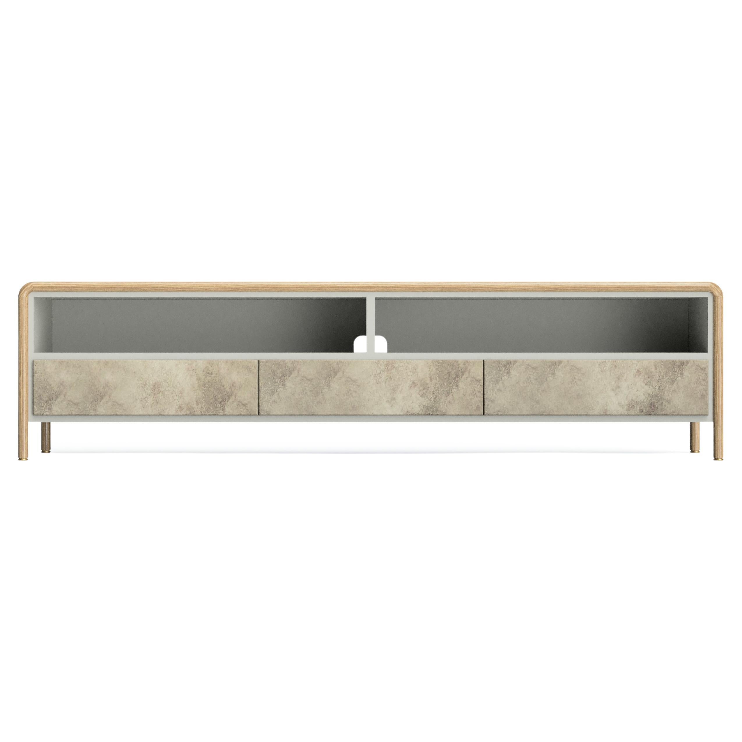 TV Cabinet, Textured Lacquered Wood with Oak and Titanium Plated Details For Sale