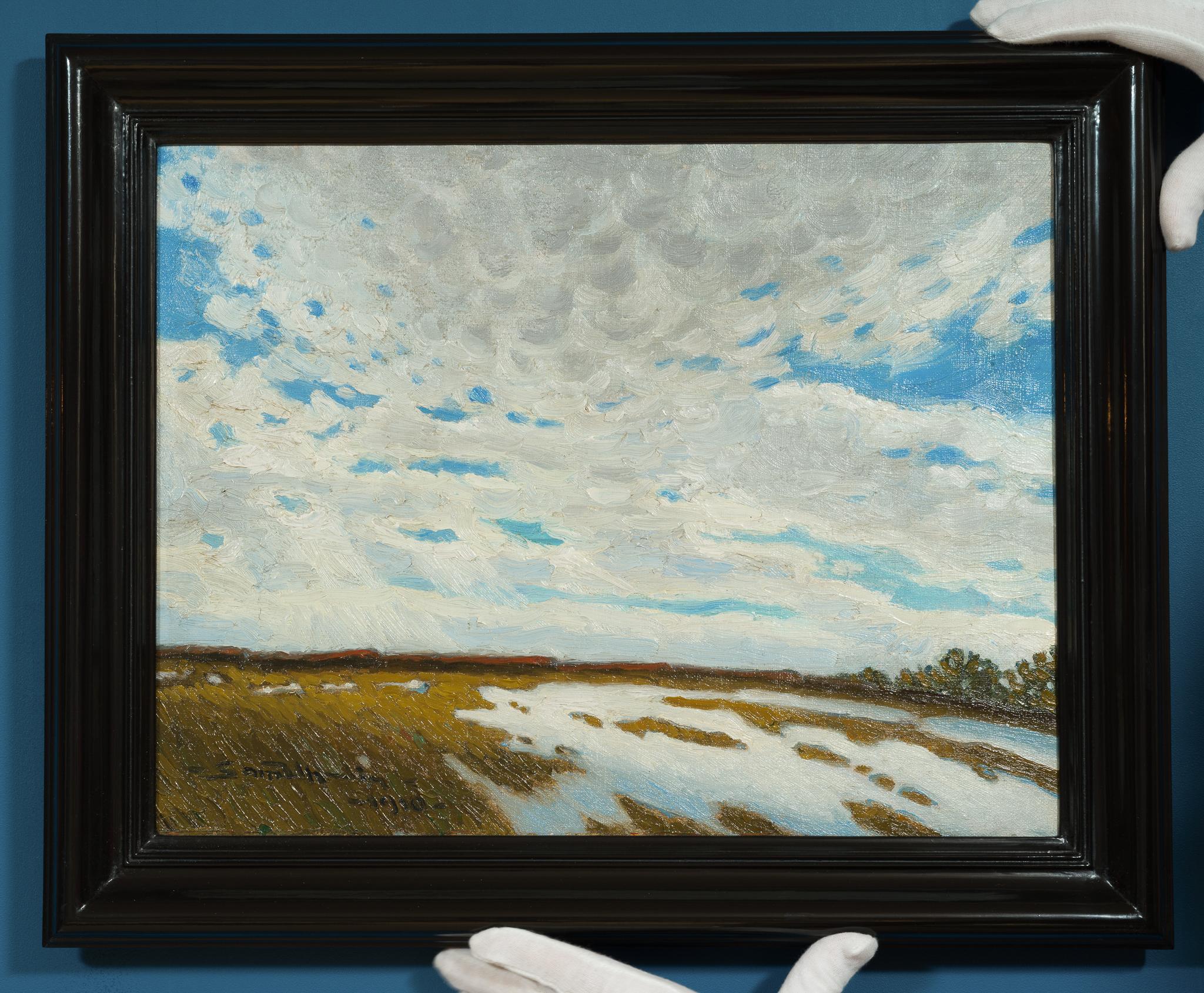 Un raro paisaje invernal con nubes de Sam Uhrdin (1910) en venta 1