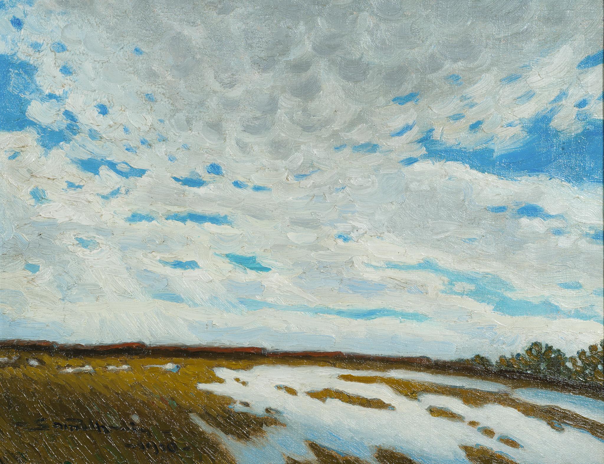 Un raro paisaje invernal con nubes de Sam Uhrdin (1910) en venta 2