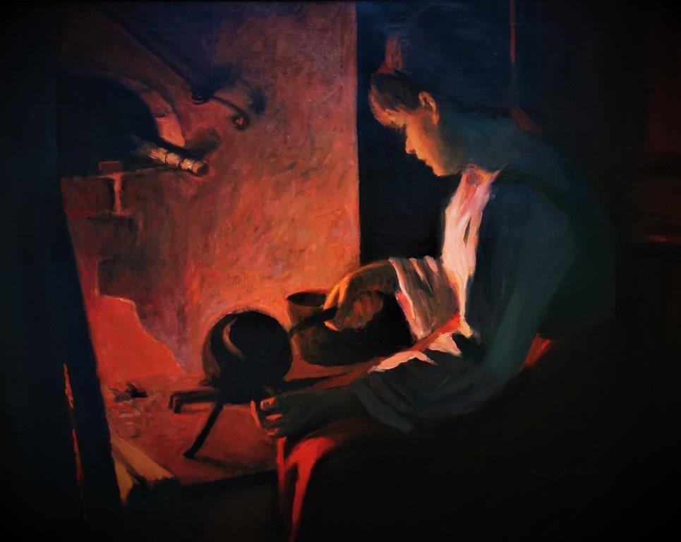Sam Uhrdin Interior Painting - "Making Tea”, interior kitchen scene of a Swedish woman, original oil on canvas