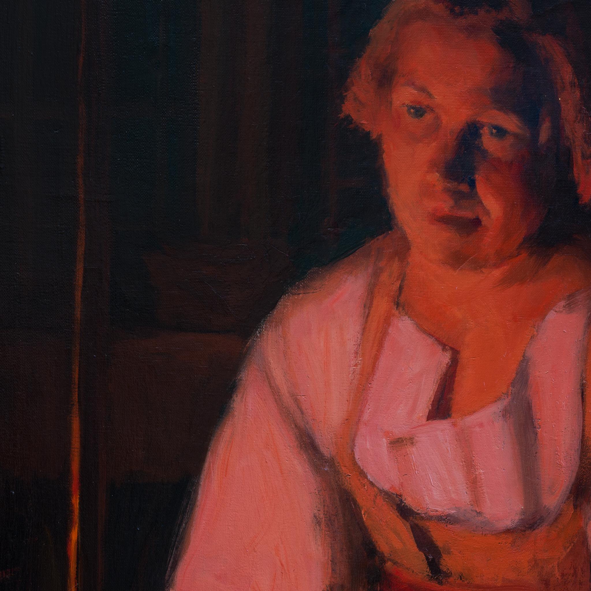 We are pleased to present a captivating painting by the artist Sam Uhrdin (1886-1964). This beautiful artwork depicts a woman from Dalarna, sitting in front of a warm, glowing fire. The entire painting is bathed in a soft, radiant light,