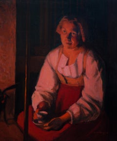 Moments of Reflection - Peinture à l'huile originale représentant une femme assise au feu