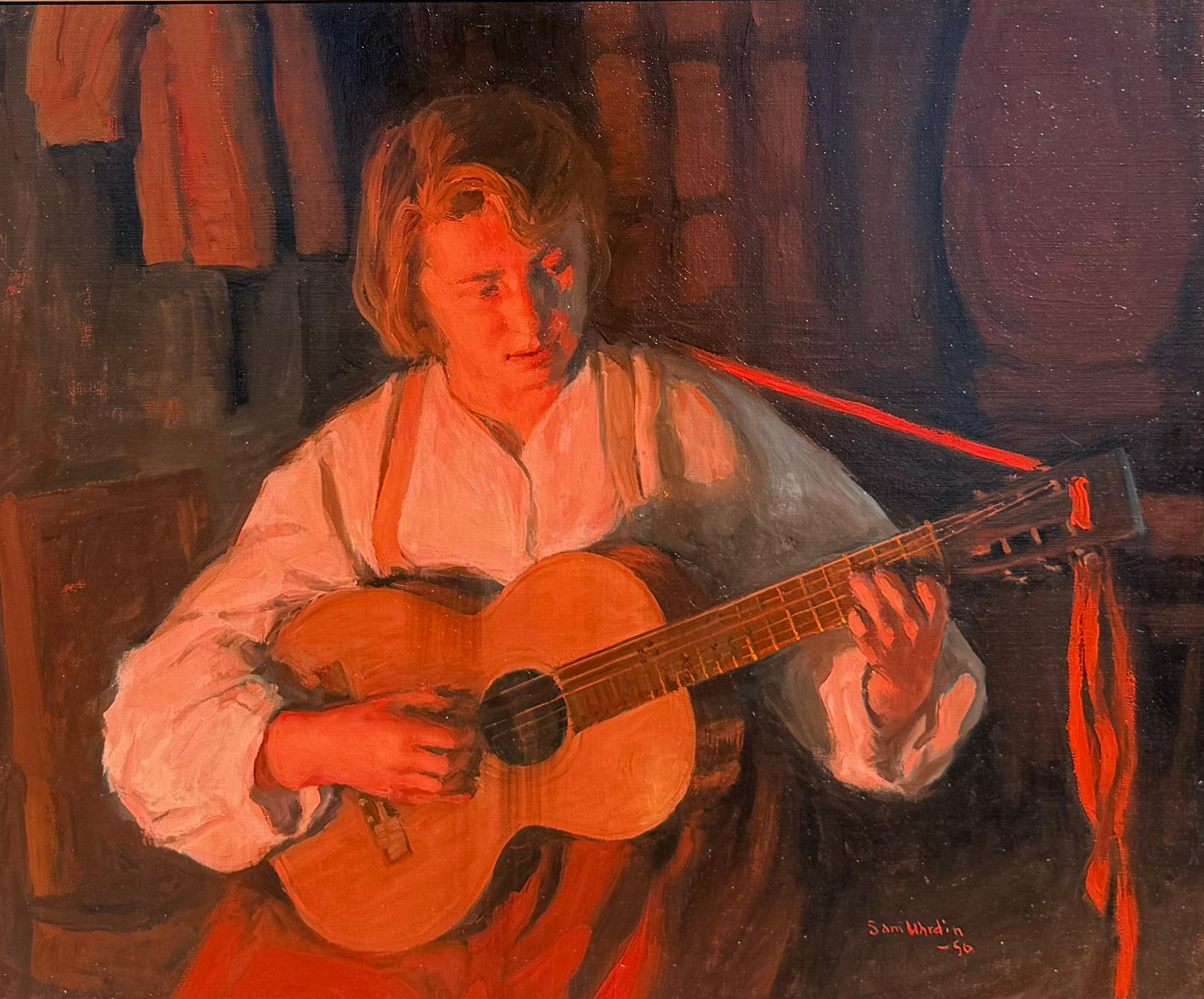 Suonare la chitarra vicino al fuoco - Painting di Sam Uhrdin