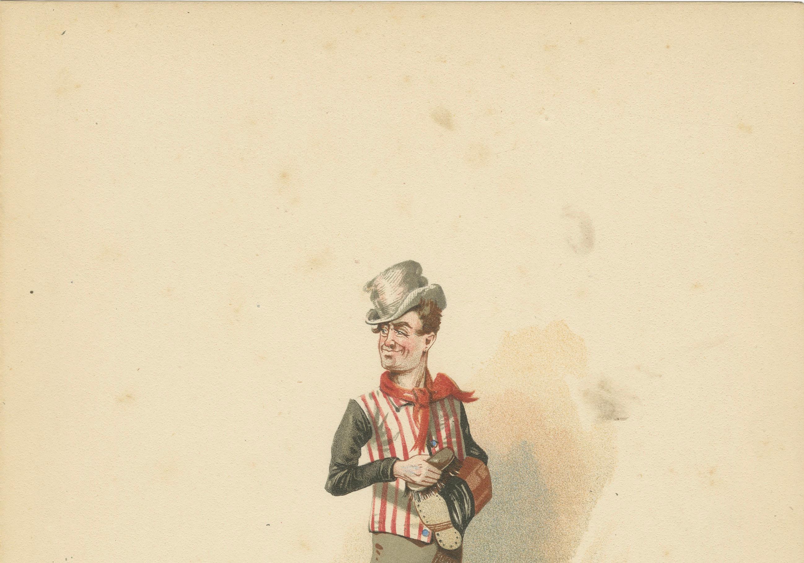 Sam Weller aus den Pickwick Papers - Kyd-Charakterskizze nach Dickens, ca. 1889

Beschreibung:
Diese farbenprächtige Chromolithografie zeigt Sam Weller, eine der beliebtesten Comicfiguren von Charles Dickens, aus The Pickwick Papers (1836). Sam