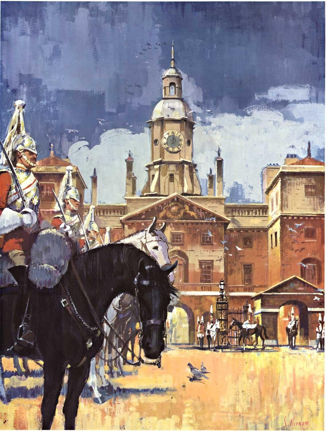 Original vintage travel poster to London  Horse Guards - Print by Sam Wisnom