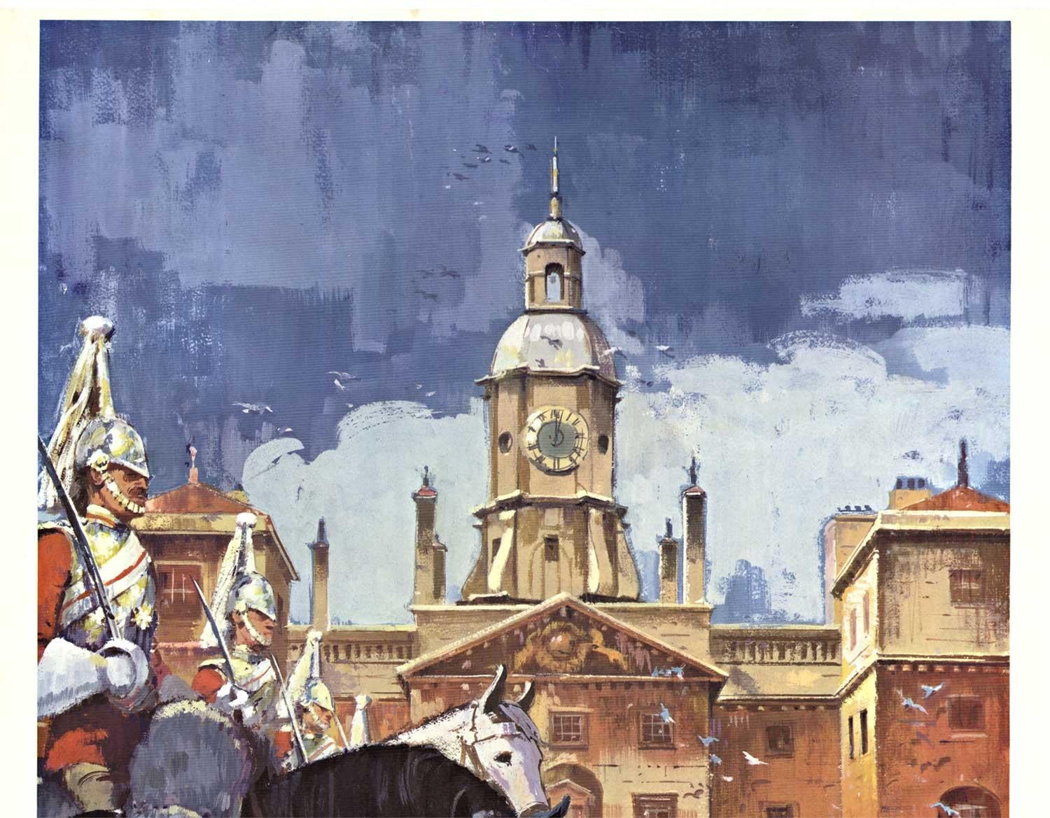 Original vintage travel poster to London  Horse Guards - Gray Print by Sam Wisnom