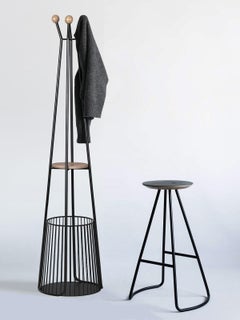 Sama Coat Rack Wire Base, Contemporary Sculptural Minimalist Oak & Black Metal