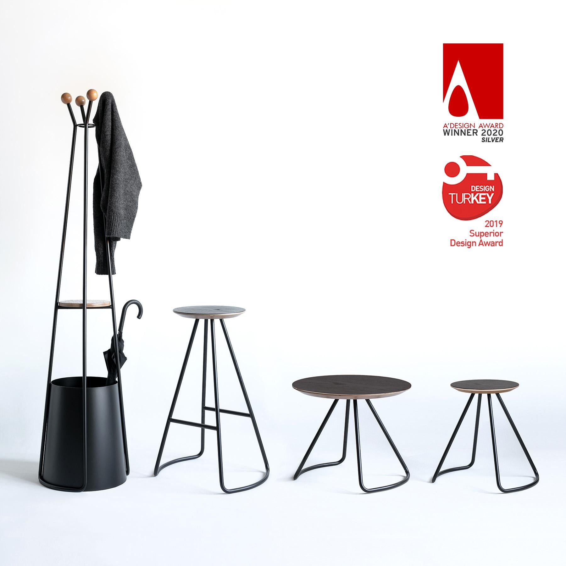 Turkish Sama Coffee Table, Contemporary Modern Minimalist Black Oak & Black Metal For Sale