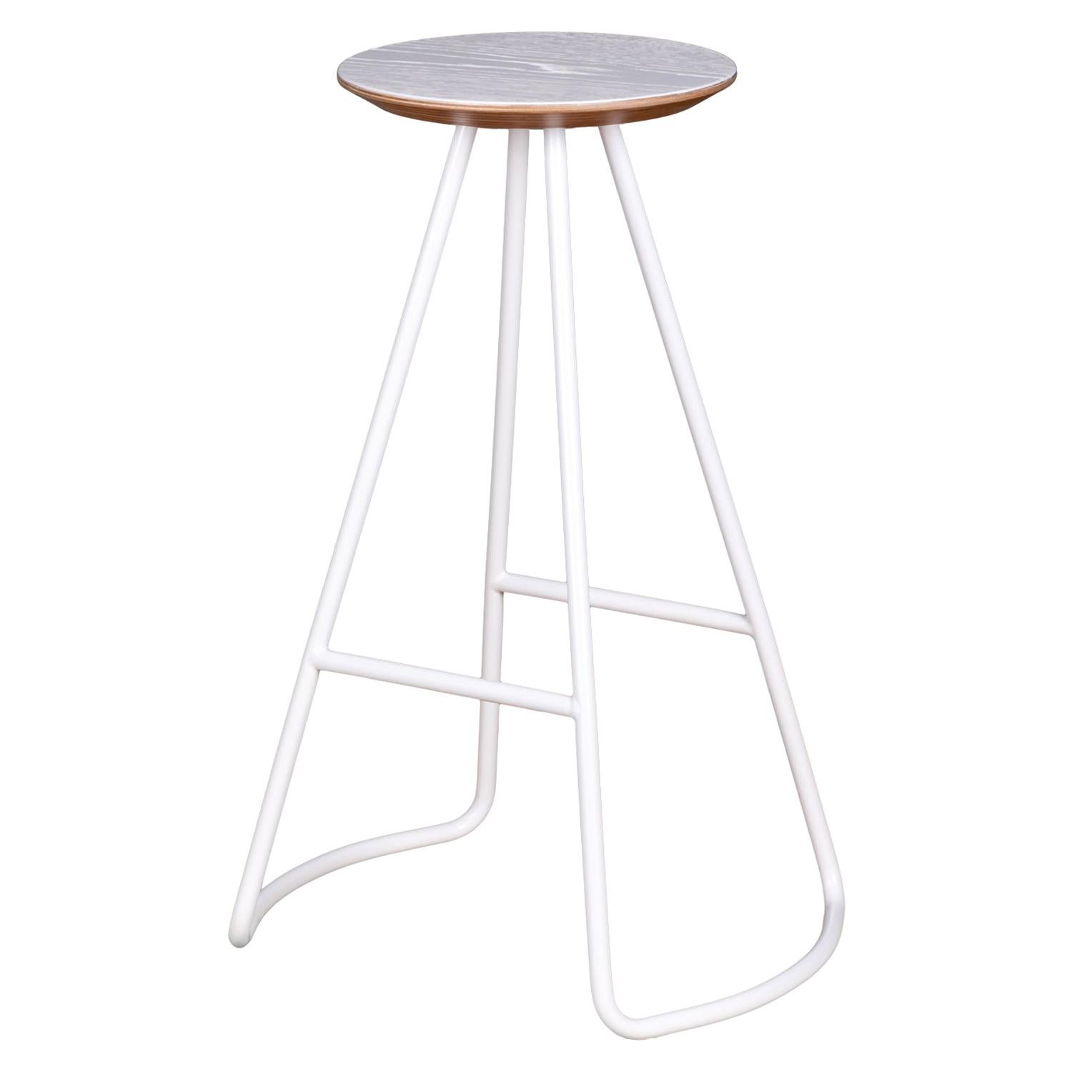 Taburete Alto Sama, Moderno Contemporáneo Minimalista Roble Blanco y Metal Blanco