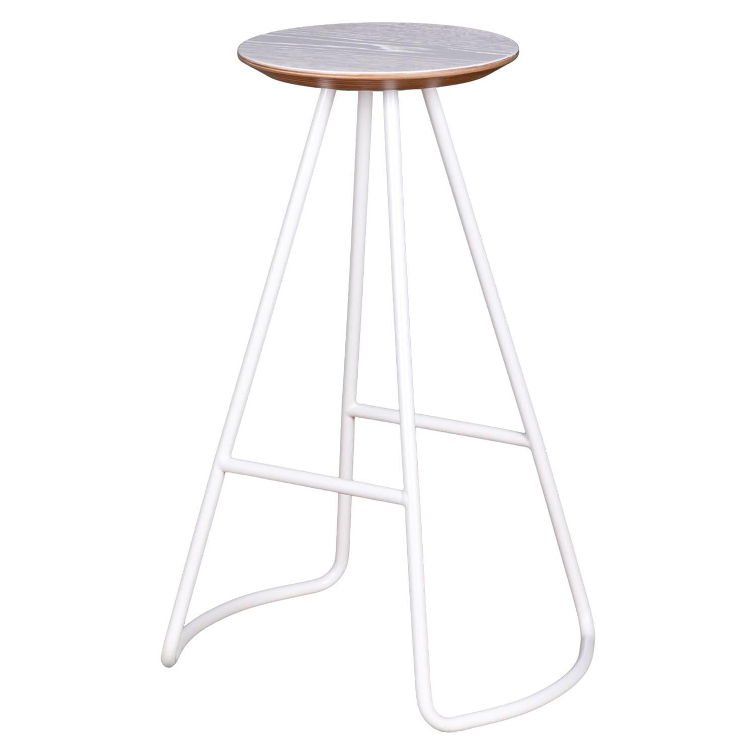 Sama High Stool, Contemporary Modern Minimalist White Oak & White Metal For Sale