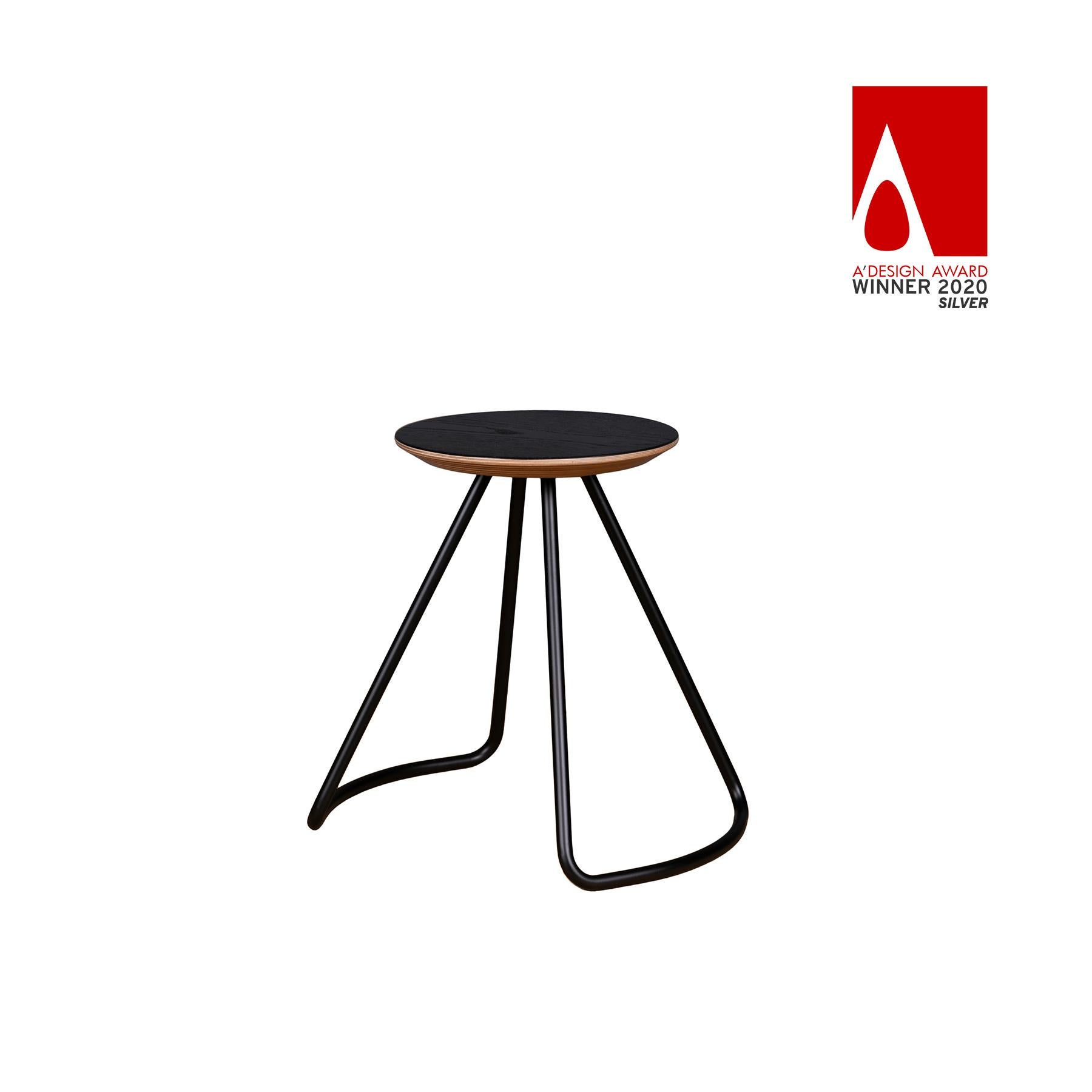 Painted Sama Stool/Table, Contemporary Modern Minimalist Black Oak & Black Metal For Sale