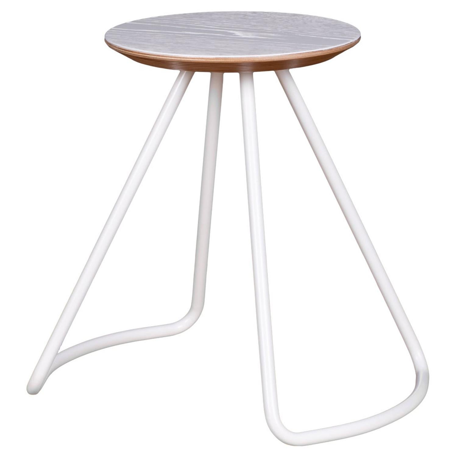 Tabouret/table Sama en chêne blanc et métal blanc, moderne contemporain et minimaliste