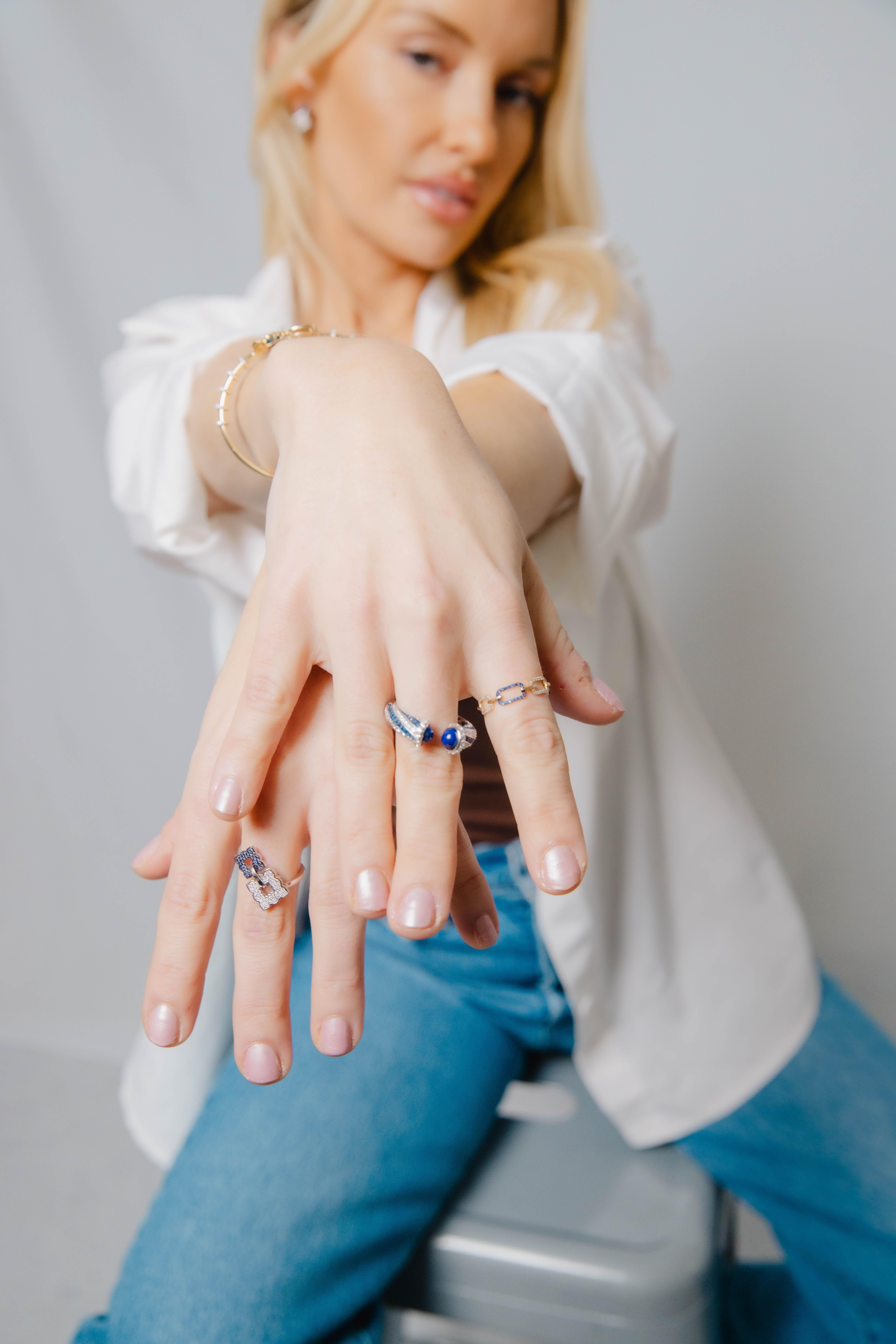 Taglio misto SAMAA Diamonds - Anello Brillo Bleu - Anello di moda con diamanti e zaffiri in vendita