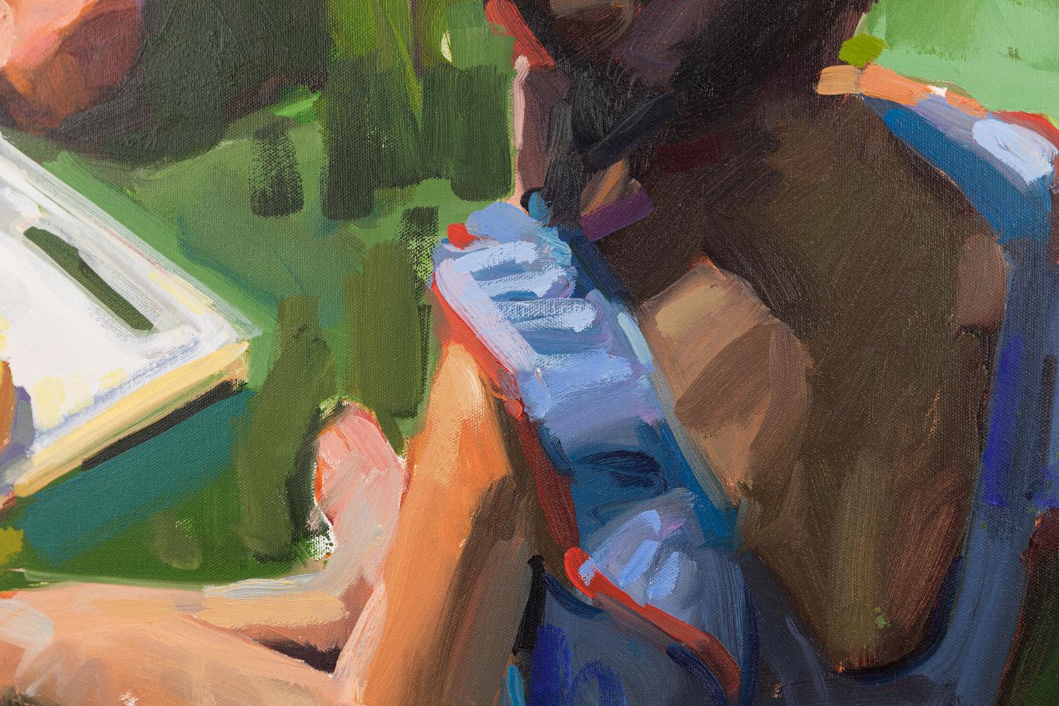 Pausa merenda - Bambini che mangiano un pranzo estivo Pittura ad olio impressionista Greene & Greene - Portrait Painting Marrone di Samantha Buller