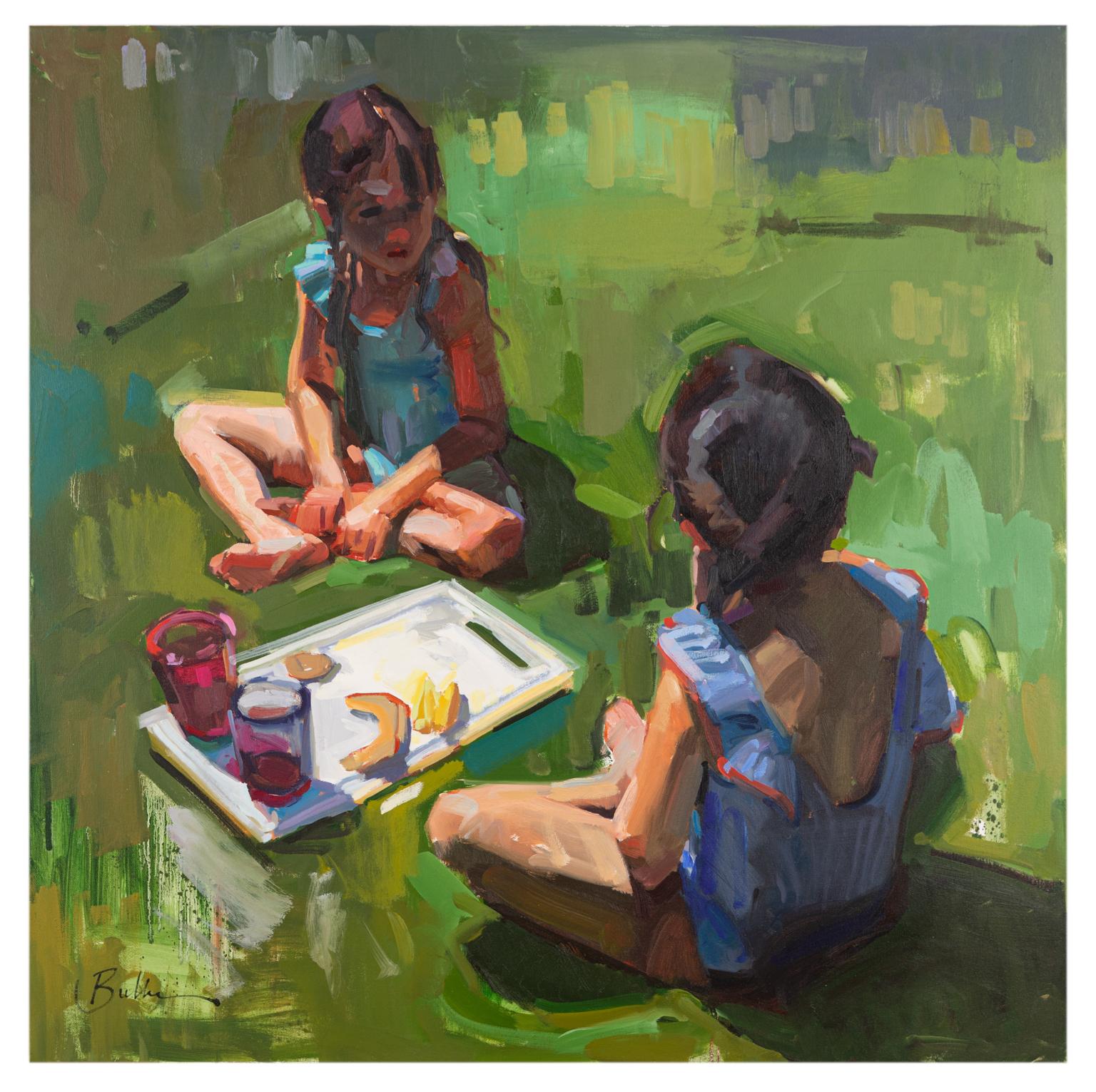 Samantha Buller Portrait Painting - Snack Break - Children Eating a Summer Lunch Impressionistic Oil Painting Green
