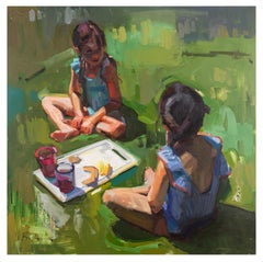 Snack Break - Children Eating a Summer Lunch Impressionistic Oil Painting Green