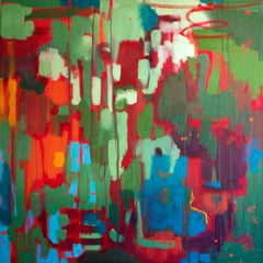 "Abstract in Red" by Samantha Buller, Oil Painting, Red, Green & Blue Abstract