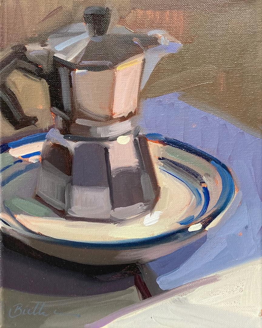 Samantha Buller Still-Life Painting - "Espresso Study" Still life oil painting of a moki espresso pot, saucer, + towel