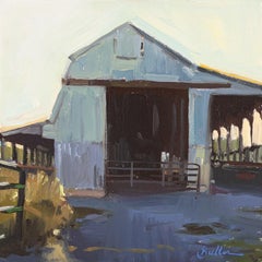 "Evening Work" - Painting of a Cattle Barn at Dusk Impressionistic Oil in Blues