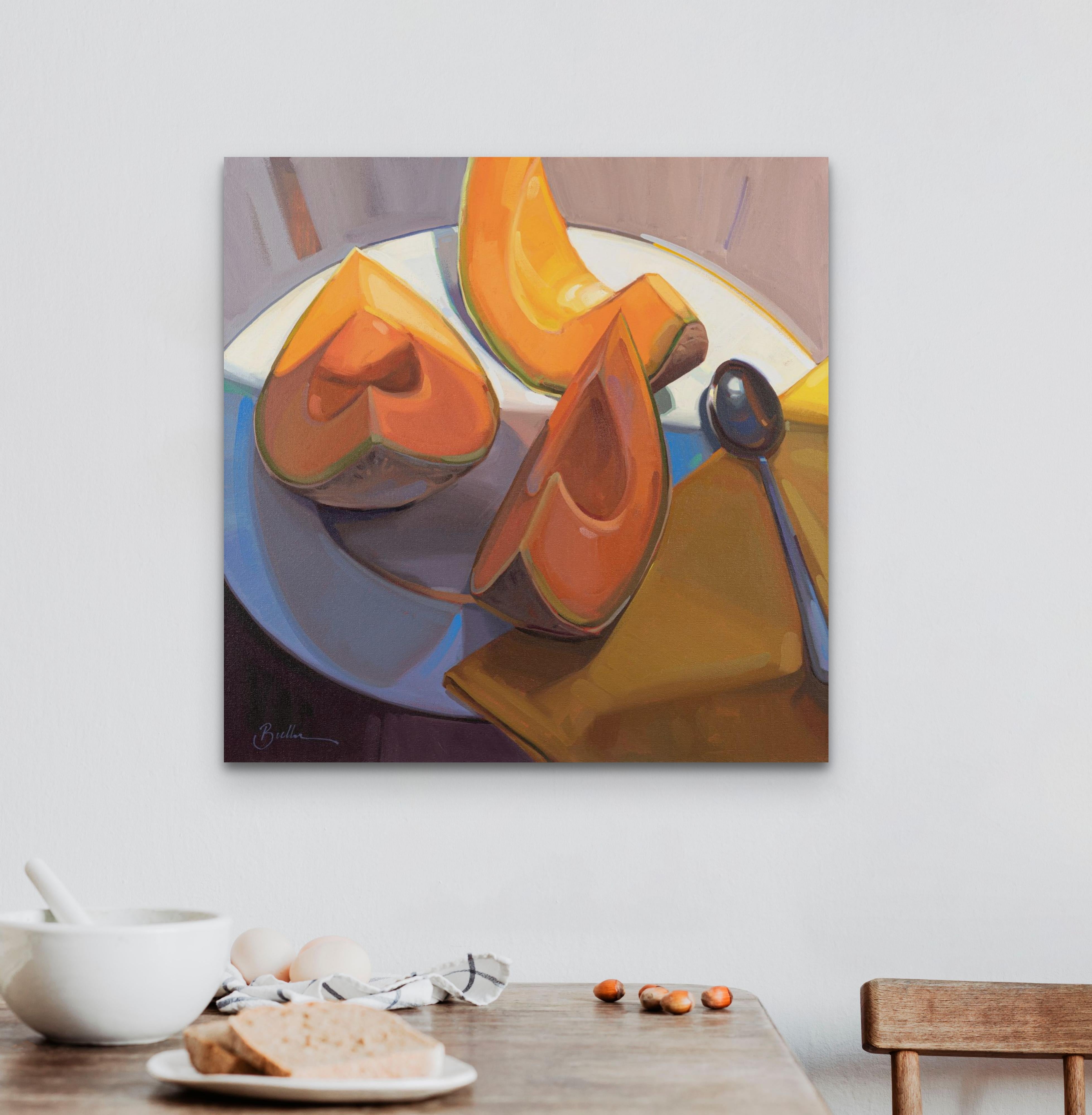 De una sentada - Un refrescante, brillante y colorido bodegón de frutas - Still-Life Painting Marrón de Samantha Buller