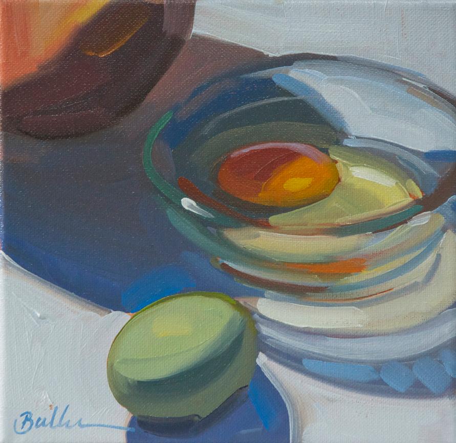Samantha Buller Still-Life Painting - "In Your Shadow" Still life oil painting of glass bowl, yolk, blue egg, + sphere