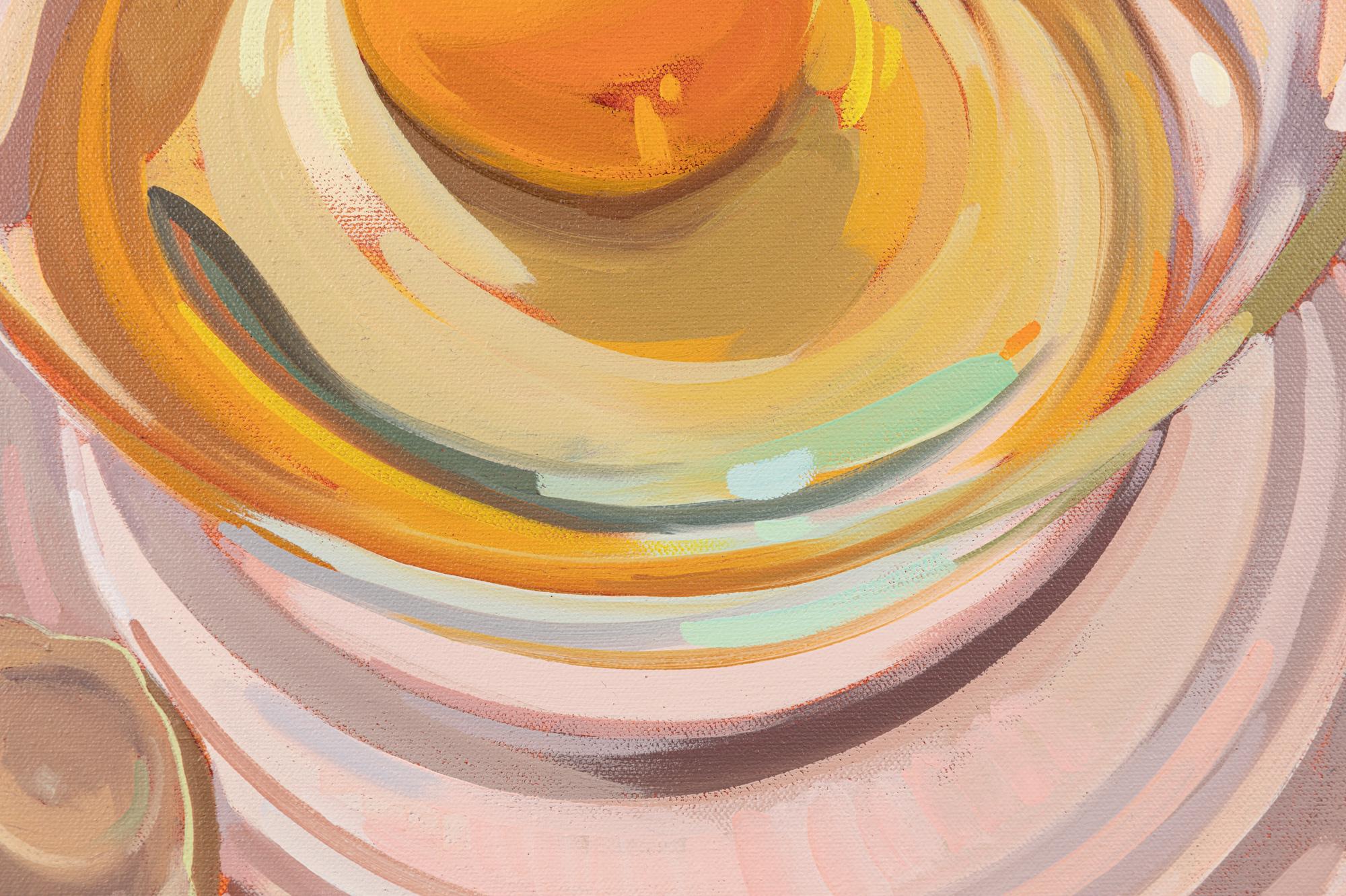 Let Me Take A Crack at It - A Bright and Colorful Still Life Painting of Eggs - Beige Still-Life Painting by Samantha Buller