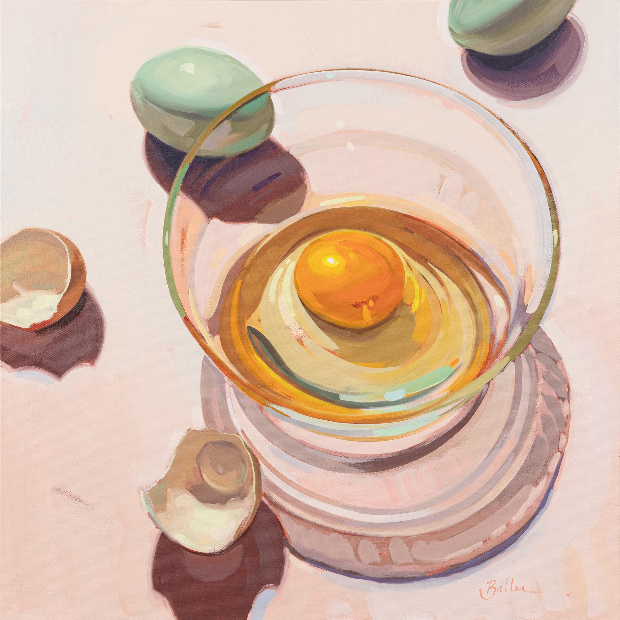 Samantha Buller Still-Life Painting - Let Me Take A Crack at It - A Bright and Colorful Still Life Painting of Eggs