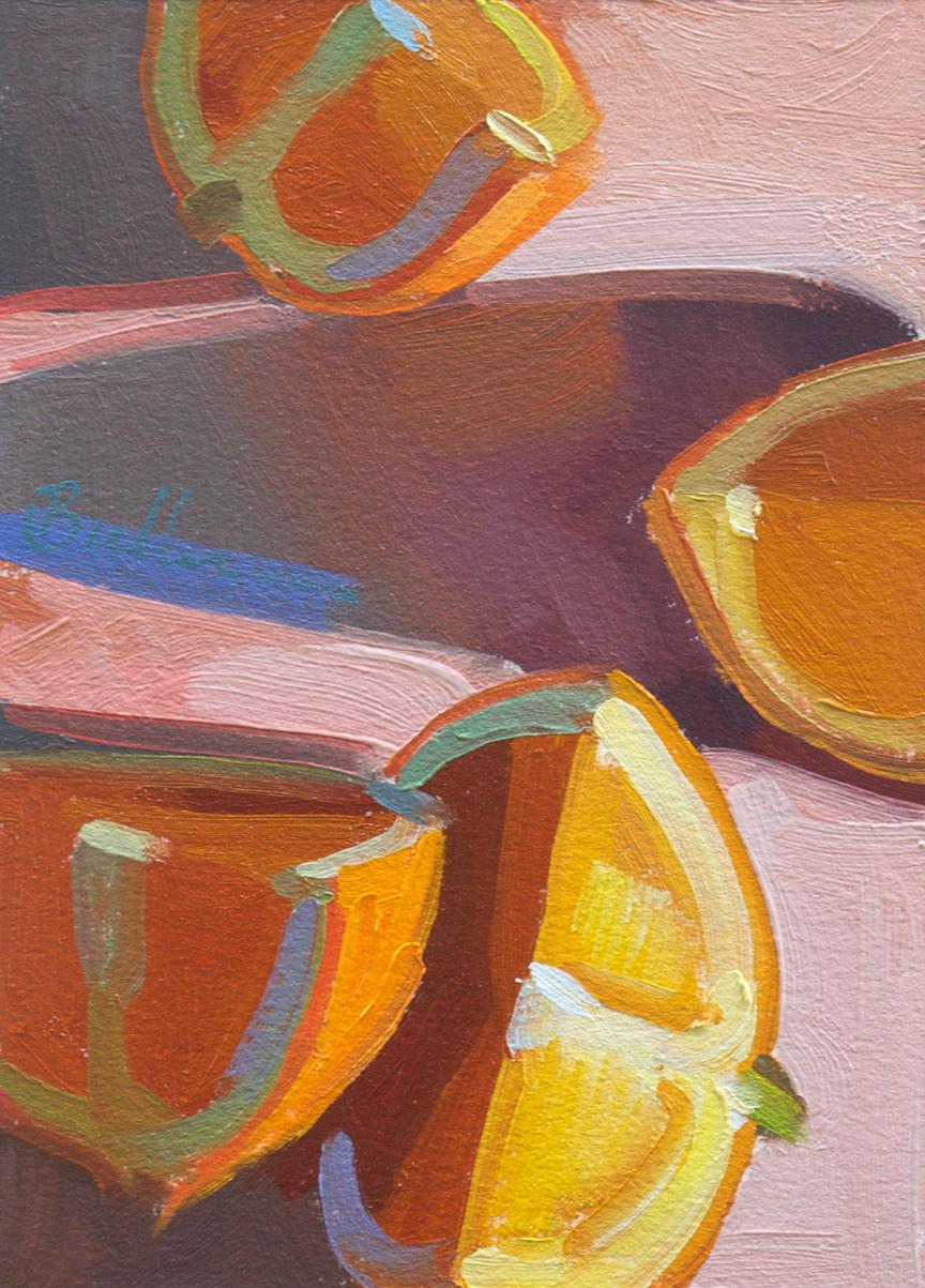 Samantha Buller Figurative Painting - "Orange Wedges on Pink, " Oil Painting