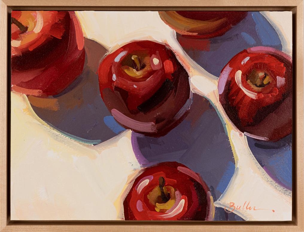 Samantha Buller Landscape Painting - "Red Delicious" - Expressive still life painting of apples and their shadows