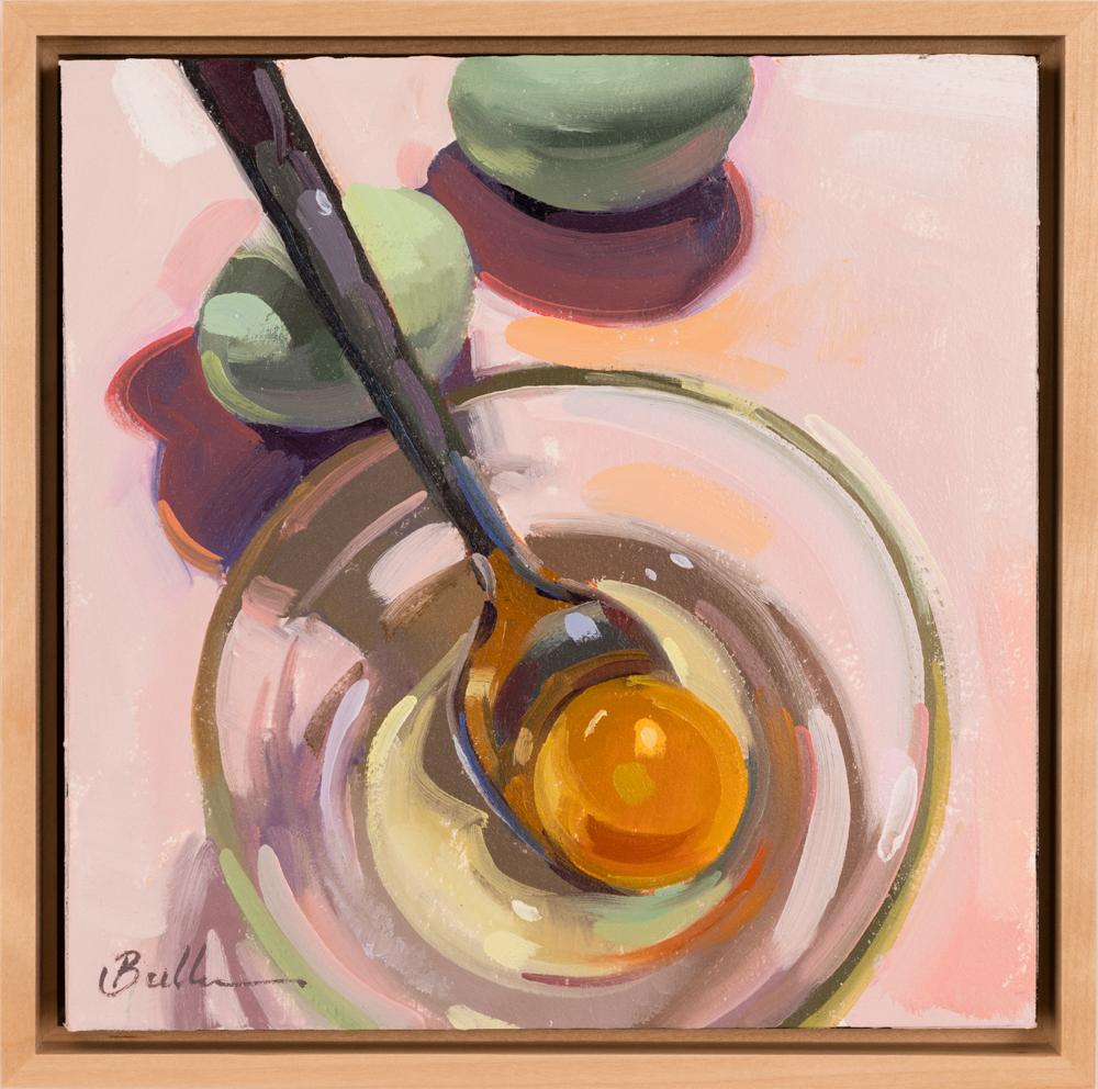 Samantha Buller Animal Painting - "Separate the Yolk" - Expressive painting of eggs, a spoon and glass bowl