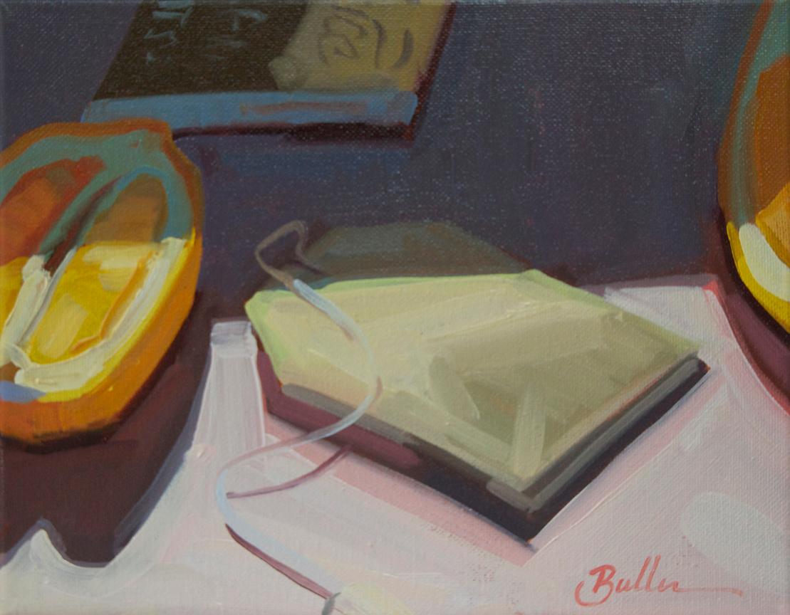 Samantha Buller Still-Life Painting - "Tea for Two" Still life, oil painting of tea satchel, lemon halves, + matchbook