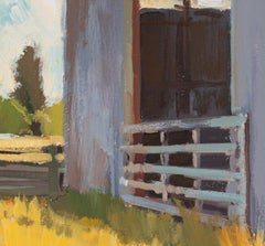 "Tin Barn" - Painting of Barn and Yellow Field with Fence Impressionistic Oil