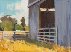 "Tin Barn" - Painting of Barn and Yellow Field with Fence Impressionistic Oil  