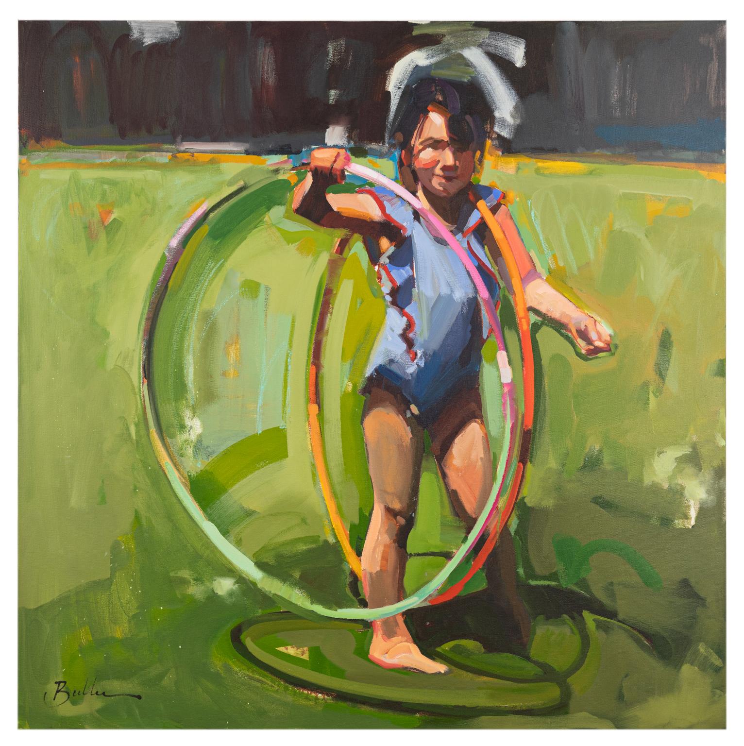 Samantha Buller Figurative Painting – Zwei Hula-Reifen - Gemälde eines jungen Kindes mit Hula-Reifen, impressionistisches Ölgemälde  