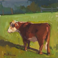 "Waiting for Feed" - Painting of Cow in Green Field Impressionistic Oil  