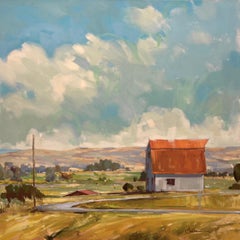 "Warm Farm Land" by Samantha Buller, Oil Painting, White Barn with Red Roof