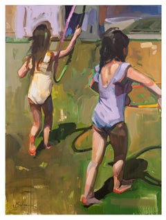 Watch Me - Oil Figure Painting of Children Playing Hula-Hoop Impressionistic 