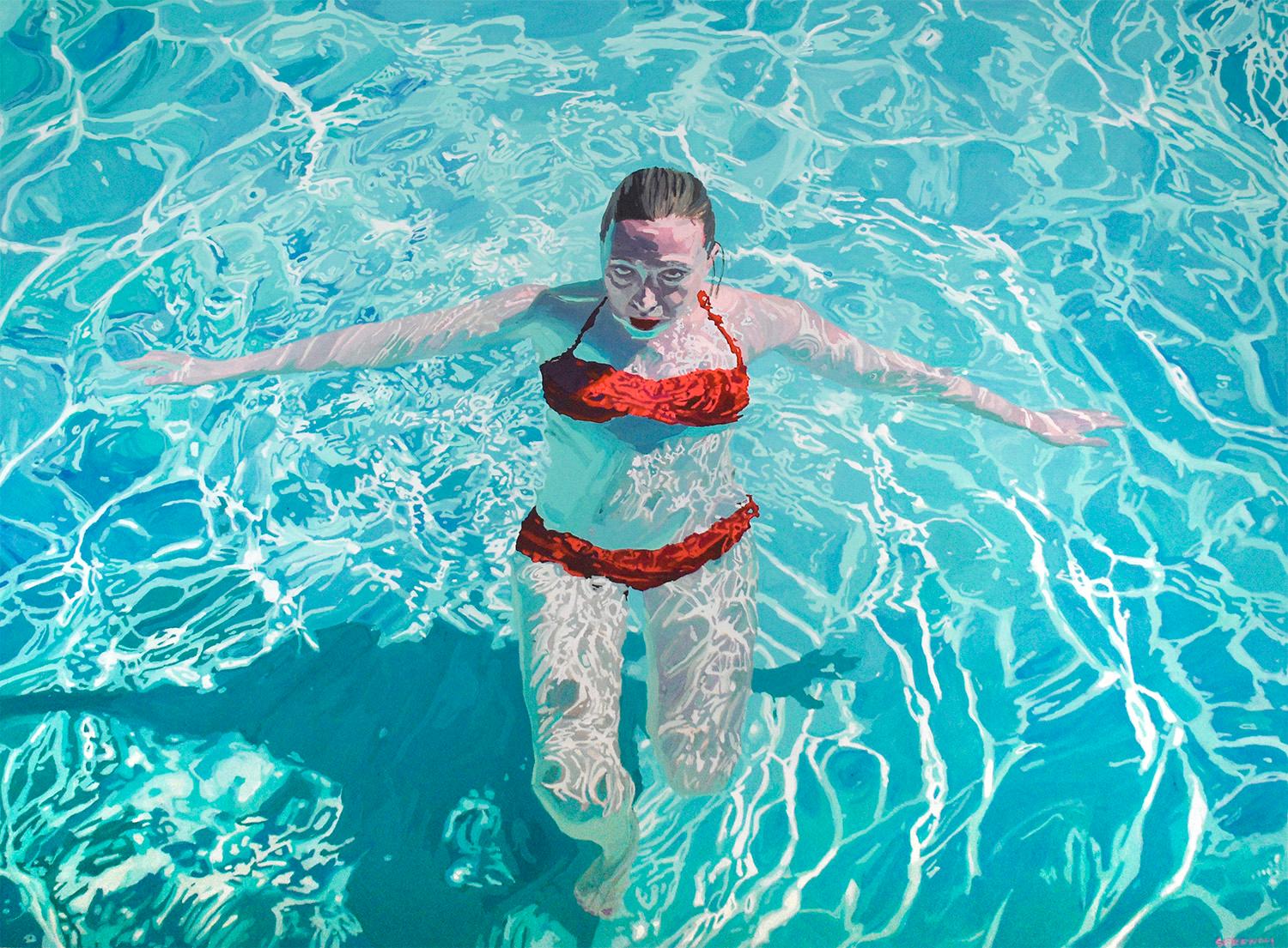 Before the Sun Goes Down: Figurative Photorealist Painting of a Woman in Water 