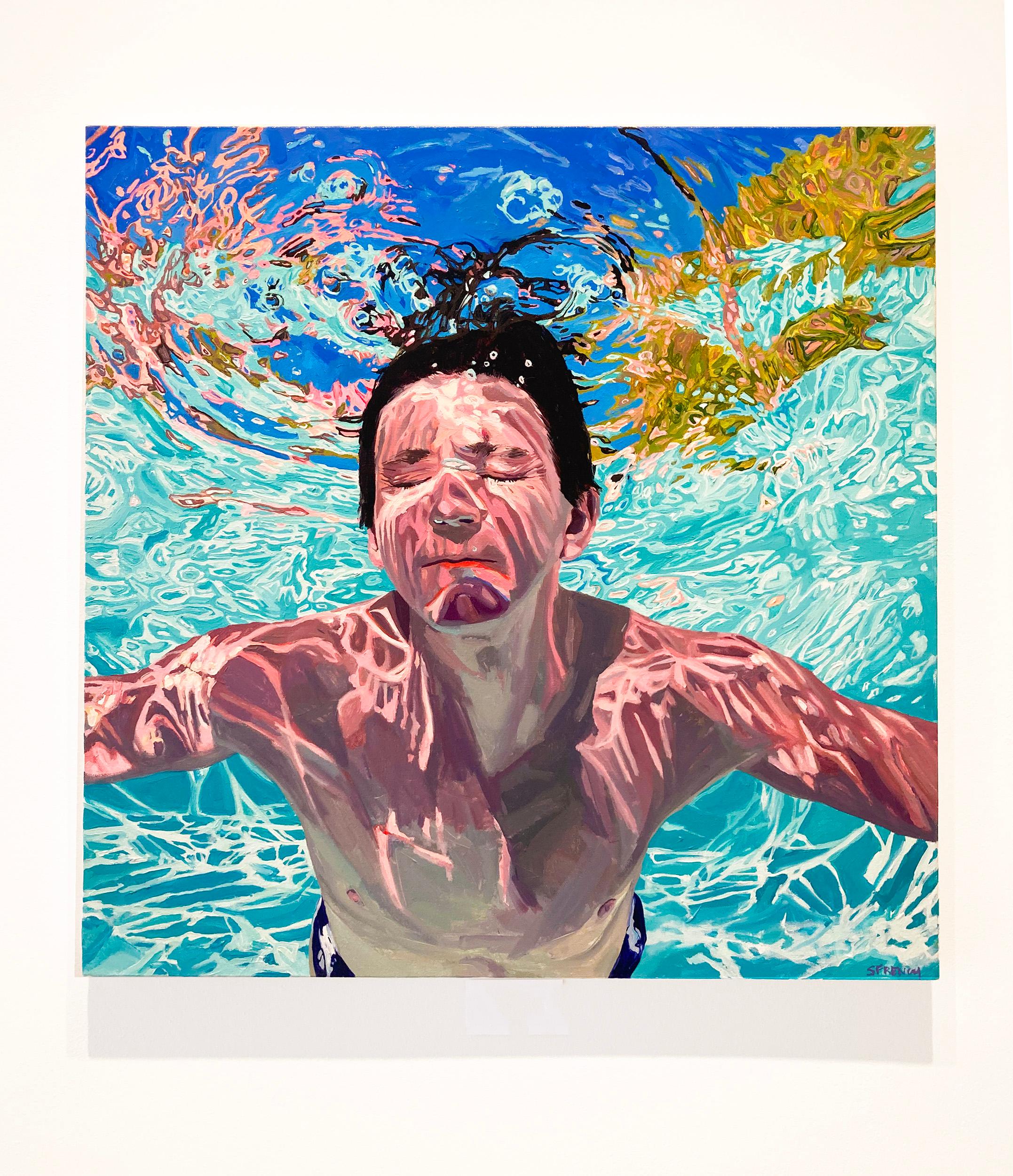 Le bon côté des choses : Peinture figurative photoréaliste d'un jeune homme dans une piscine bleu aquatique  - Painting de Samantha French